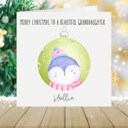 Granddaughter Personalised Christmas Card - Bauble Penguin