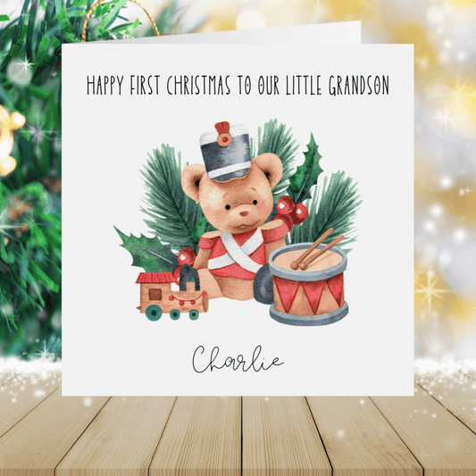 Grandson Personalised Christmas Card - Little Drummer Bear