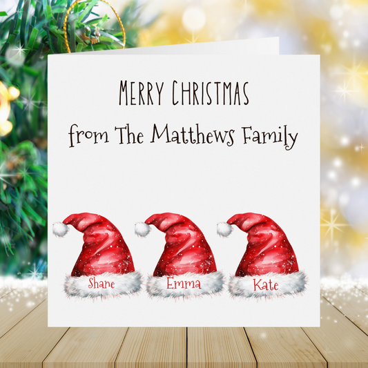 From The Family - Personalised Christmas Card - Watercolour Santa Hats - 4 Names