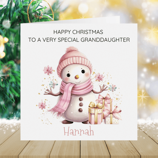 Granddaughter Personalised Christmas Card - Pink Snow Girl