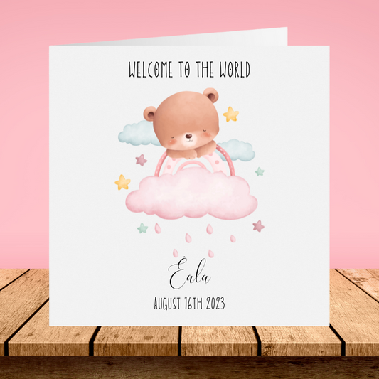 New Baby Girl Personalised Card - Cloud Bear