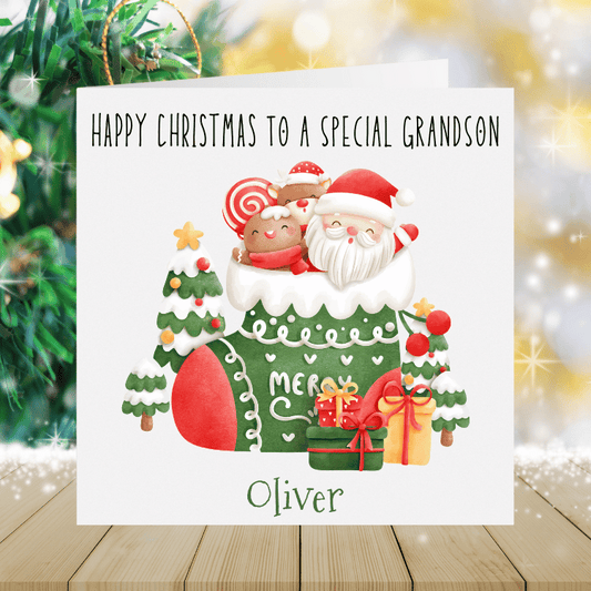 Grandson Personalised Christmas Card - Santa & Friends Stocking