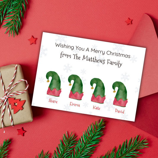 From The Family - Personalised Christmas Card -Elf Hats 5 Names