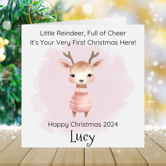 Baby Girl's First Christmas - Little Reindeer Full Of Cheer Pink Watercolour