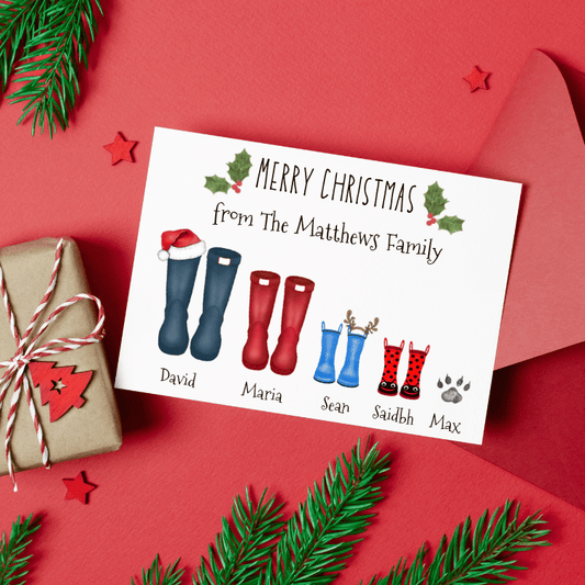 From The Family - Personalised Christmas Card - Wellies 5 names