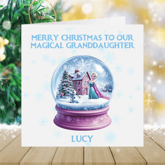 Personalised Frozen Christmas Card - Elsa & Olaf Pink Snowglobe Granddaughter