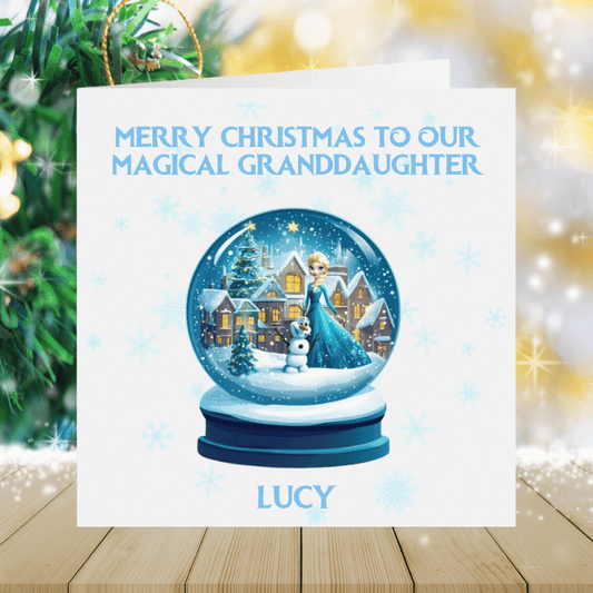 Personalised Frozen Christmas Card - Elsa & Olaf Blue Snowglobe Granddaughter