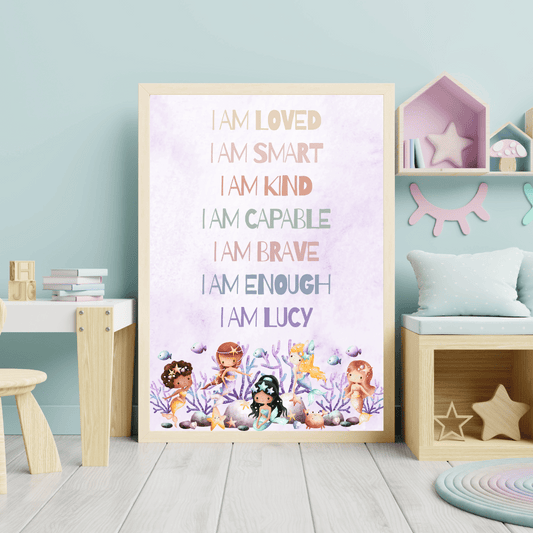 Personalised "I Am" Positive Affirmation Poster - Purple Mermaids