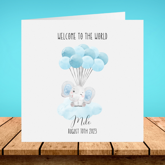 New Baby Boy Personalised Card - Blue Elephant