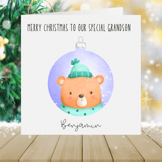 Grandson Personalised Christmas Card - Bauble Bear