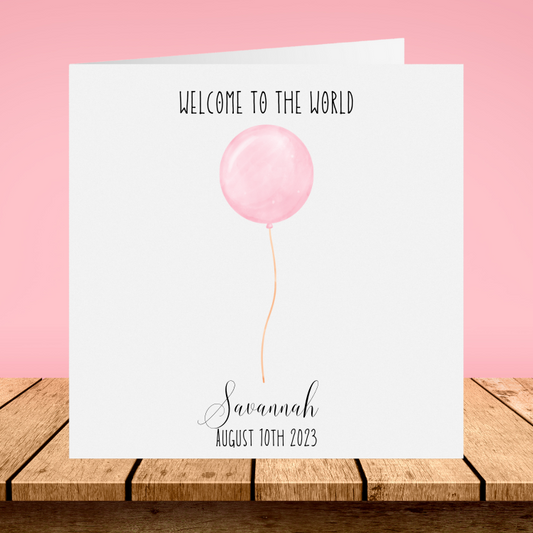 New Baby Girl Personalised Card - Pink Balloon