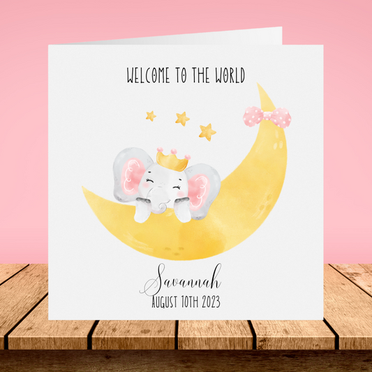 New Baby Girl Personalised Card - Elephant Princess