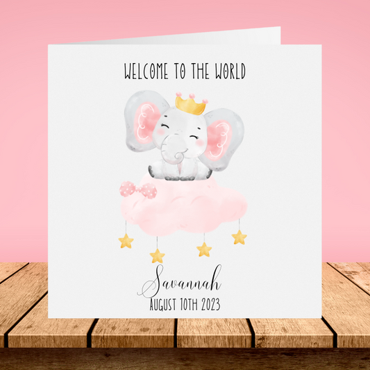 New Baby Girl Personalised Card - Elephant On A Cloud